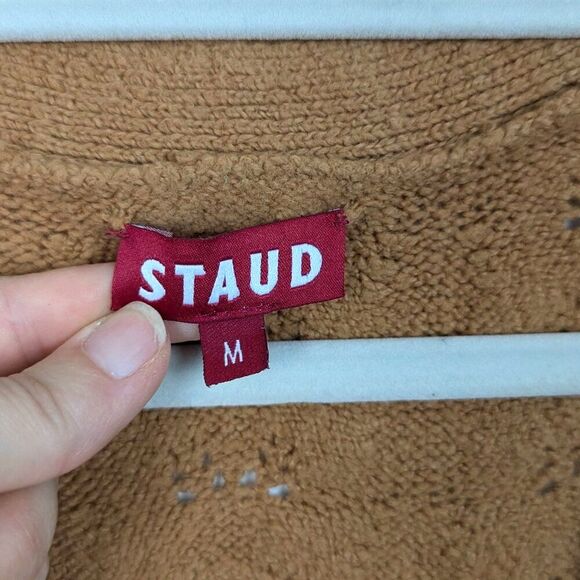 STAUD | Tan Eyelet Knit Button Front Cardigan Sweater Size Medium - Picture 5 of 10